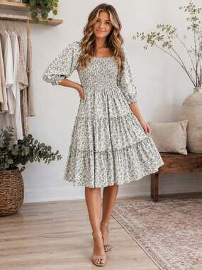 Mikarose Green Floral Smocked Tiered Midi Dress Puff Sleeve Cottagecore M